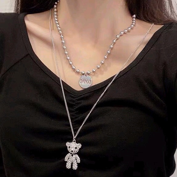 3/$25🦋 Layered Teddy Bear Crystal Silver Necklace - Picture 2 of 3